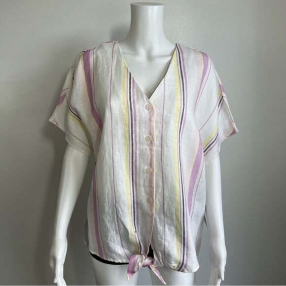 Three Dots Short Sleeves Tie Front Button-down Top - L - Picture 2 of 8